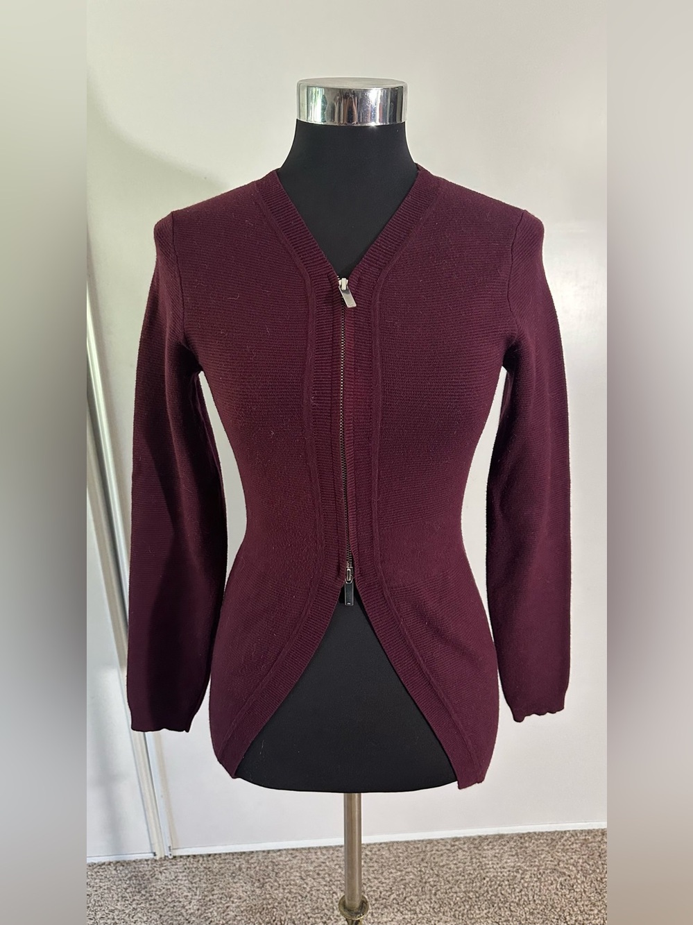 Karen Millen Wine Zip-Front V-Neck Knit Sweater